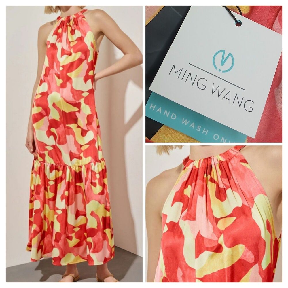 Ming Wang Dress Sz M Halter Neckline Maxi Pink Yellow Print w Pockets NWT $270